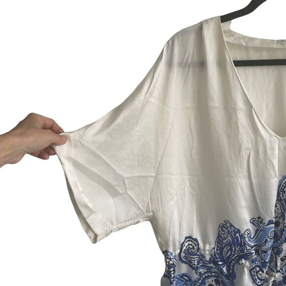 MASSIMO DUTTI Boho Print Silk Oversized V-Neck Blouse Ivory Blue 36 - Picture 3 of 8